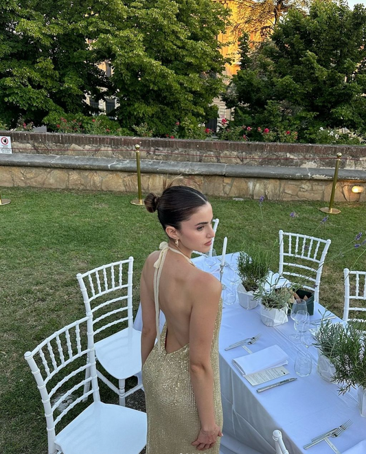 Jessica Bruno Shines in Our Olympia Sequin Long Dress at a Summer Gala