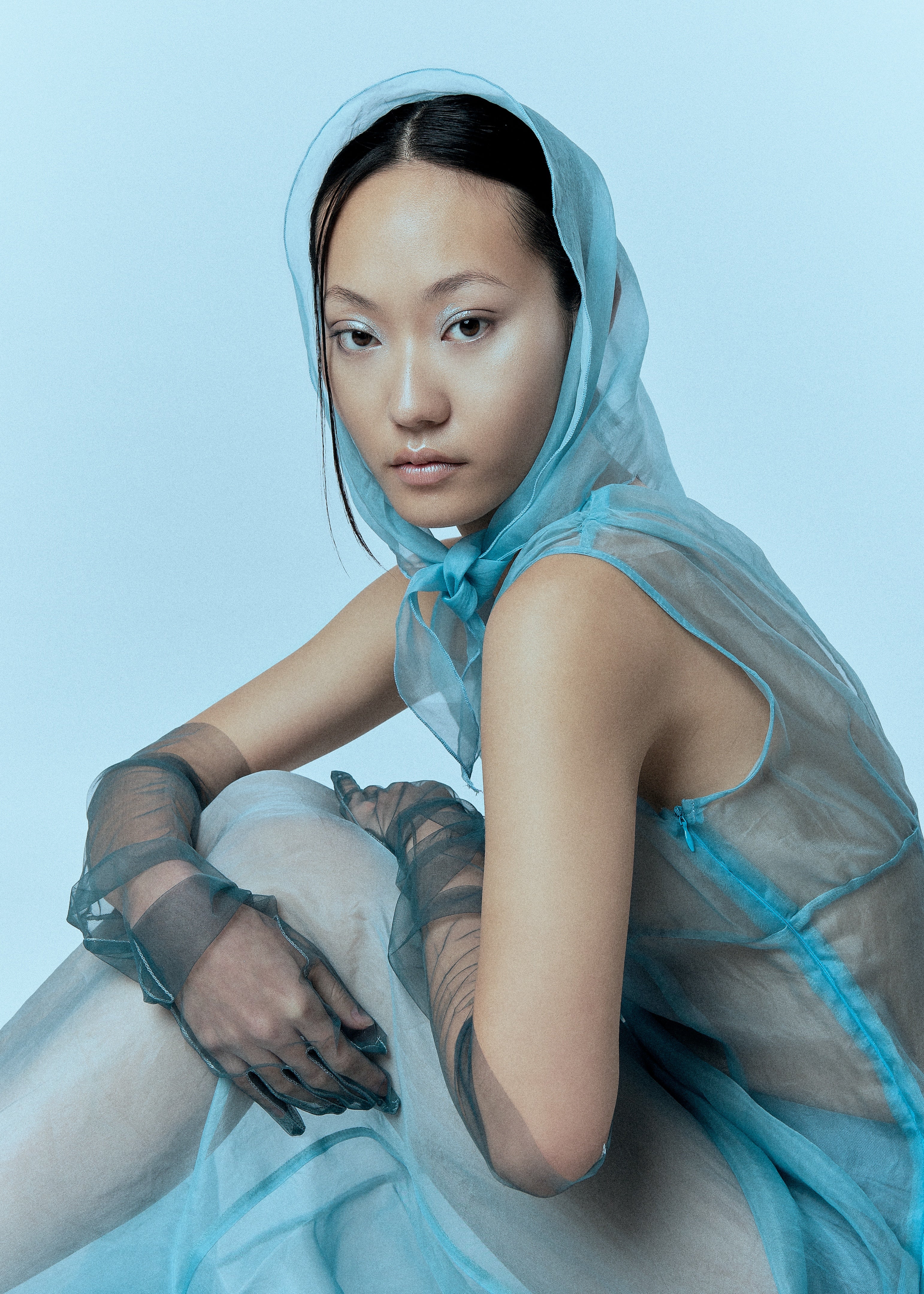 Rose Silk Organza Dress with matching headscarf, featured in Solstice Magazine's Zephyrus editorial.